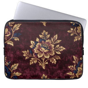 Funda Para Portátil Burgundy Terciopelo Peonía Bordado Floral Dorado