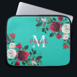 Funda Para Portátil Burgundy Watercolor Peony Rosa Floral Monogramado<br><div class="desc">Naranja de color borgoña rosa de peonía botánica giratoria gaviota portatil Sleeve. Borgoña, marsala, rosas de peones acuáticos blancos, diseño botánico de chich floral con hojas y bayas de color verde oscuro sobre el fondo acuático o turquesa. Presenta un elegante diseño de tipografía escrita a mano con su nombre, Monograma...</div>