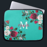 Funda Para Portátil Burgundy Watercolor Peony Rosa Floral Monogramado<br><div class="desc">Naranja de color borgoña rosa de peonía botánica giratoria gaviota portatil Sleeve. Borgoña, marsala, rosas de peones acuáticos blancos, diseño botánico de chich floral con hojas y bayas de color verde oscuro sobre el fondo acuático o turquesa. Presenta un elegante diseño de tipografía escrita a mano con su nombre, Monograma...</div>