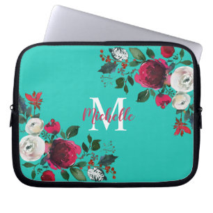 Funda Para Portátil Burgundy Watercolor Peony Rosa Floral Monogramado