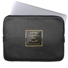 Funda Para Portátil Business Logo Black Faux Leather Personalized