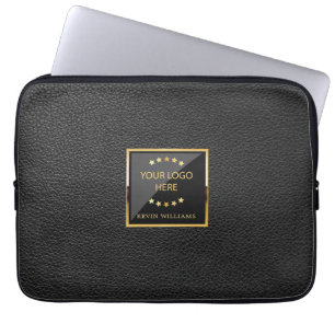 Funda Para Portátil Business Logo Black Faux Leather Personalized