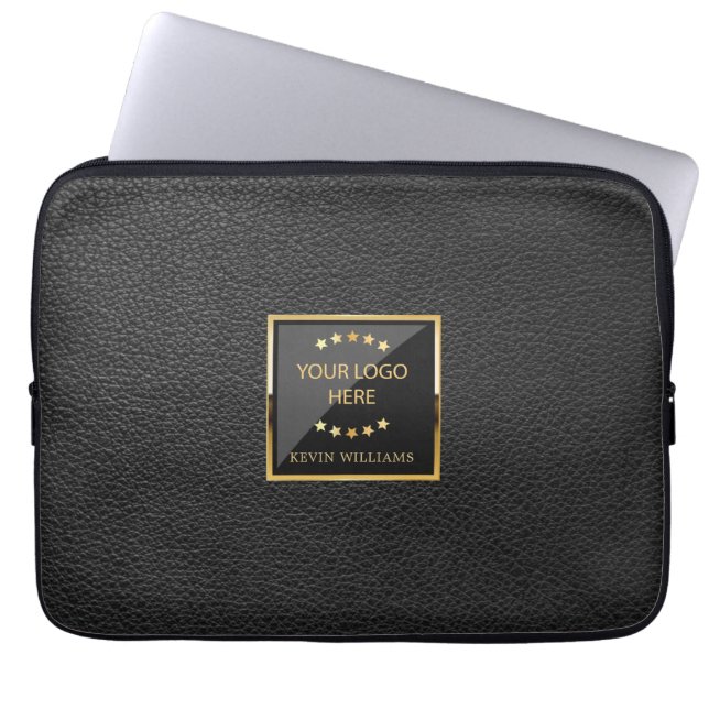 Funda Para Portátil Business Logo Black Faux Leather Personalized (Frente)