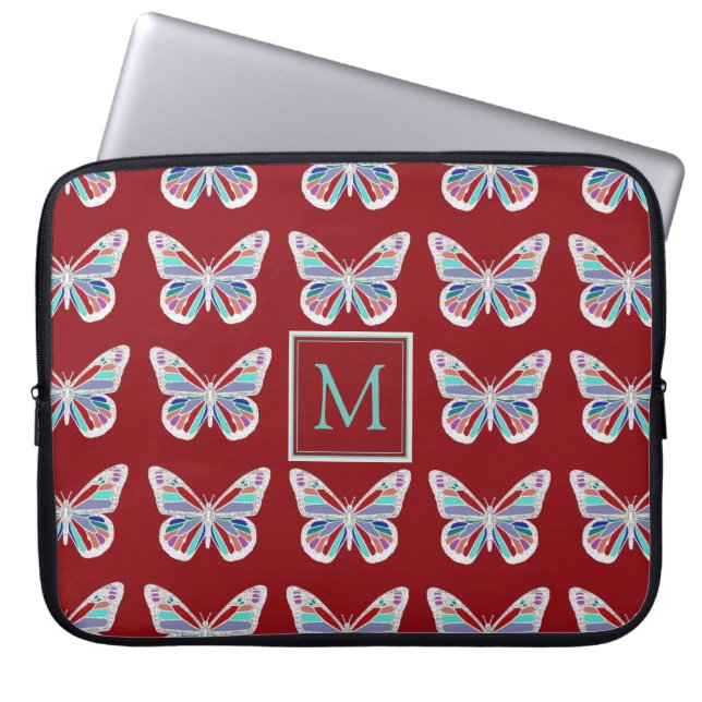 Funda Para Portátil Butterfly Pattern on Burgundy Monogram (Frente)