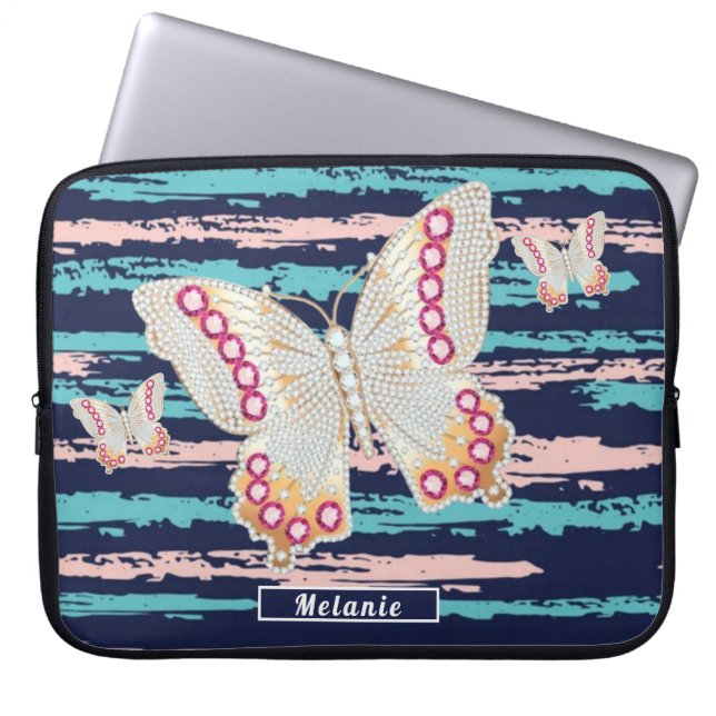 Funda Para Portátil Butterfly Pink blue groovy stripes monogrammed (Frente)