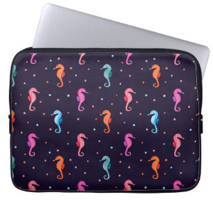 Funda Para Portátil Caballos de mar de color agua en patrón azul mari