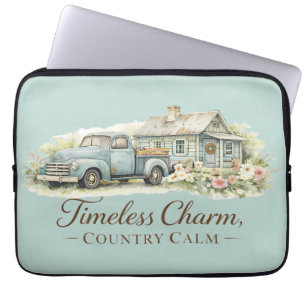 Funda Para Portátil Cabaña Camioneta Azul Vintage Flor Silvestre Tranq