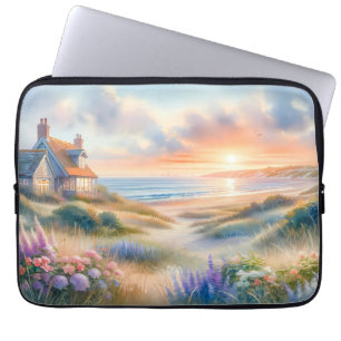 Funda Para Portátil Cabaña Costera Atardecer Dunas Acuarela