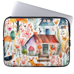 Funda Para Portátil Cabaña de cabaña de animales de campo floridos cas