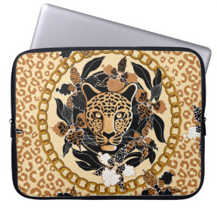 Funda Para Portátil cabeza de leopardo rodeada de orquídeas, cadena do