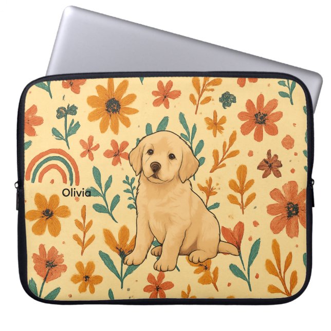Funda Para Portátil Cachorro Adorable & Flores Boho (Frente)