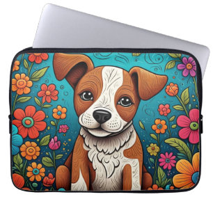 Funda Para Portátil Cachorro con flores de arte folclórico caprichosas