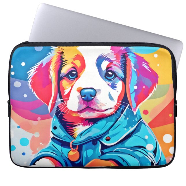 Funda Para Portátil Cachorro en diseño de Abrigo Azul (Frente)