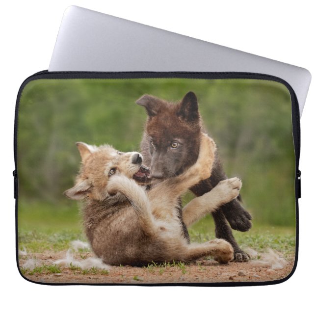 Funda Para Portátil Cachorros de lobo gris luchando (Frente)