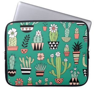 Funda Para Portátil Cactancia en floración Vintage de fondo verde