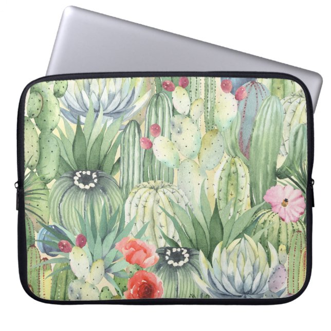 Funda Para Portátil Cacti, suculentos: acuarela floral. (Frente)