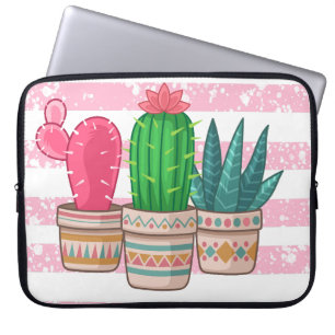 Funda Para Portátil cactus dibujados a mano con fondo de rayas