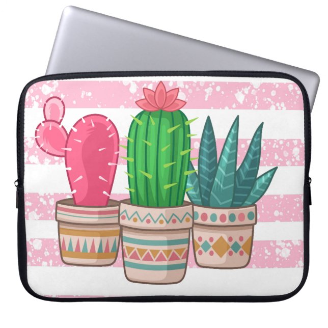 Funda Para Portátil cactus dibujados a mano con fondo de rayas (Frente)