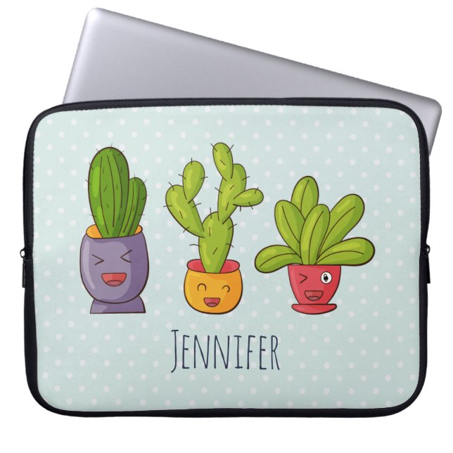 Funda Para Portátil Cactus felices en Ilustracion divertido de macetas (Frente)