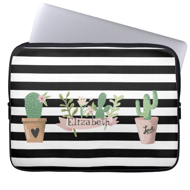 Funda Para Portátil Cactus Flor Black White Stripes (Frente)