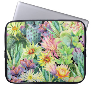 Funda Para Portátil Cactus floreciente, acuarela patrón sin fisuras.