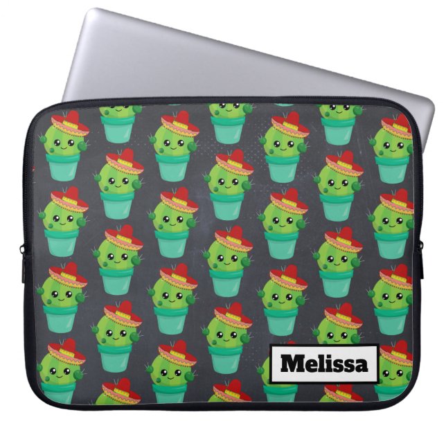 Funda Para Portátil Cactus verdes felices en un patrón de Sombrero Roj (Frente)