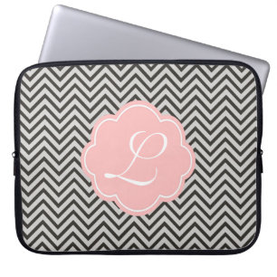 Funda Para Portátil Café oscuro moderno, fresco y gris con chevron
