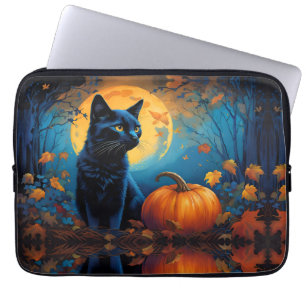 Funda Para Portátil Calabaza de gatito negro de hojas de otoño llenas 