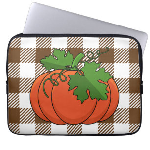 Funda Para Portátil Calabaza naranja sobre patrón de cuadros marrones 