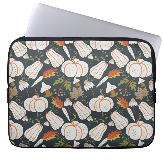 Funda Para Portátil Calabaza sin soldadura patrón floral blanco y negr (Frente)