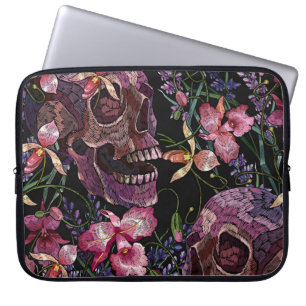 Funda Para Portátil Calavera bordada: Patrón de orquídeas góticas