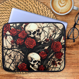 Funda Para Portátil Calaveras Góticas y Rosas Rojas
