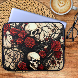 Funda Para Portátil Calaveras Góticas y Rosas Rojas