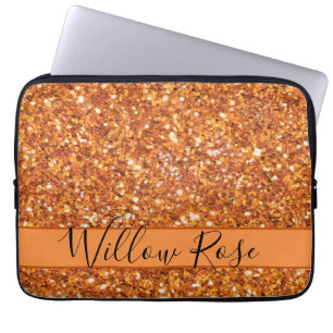 Funda Para Portátil Caligrafía del purpurina brillante de naranja ámba