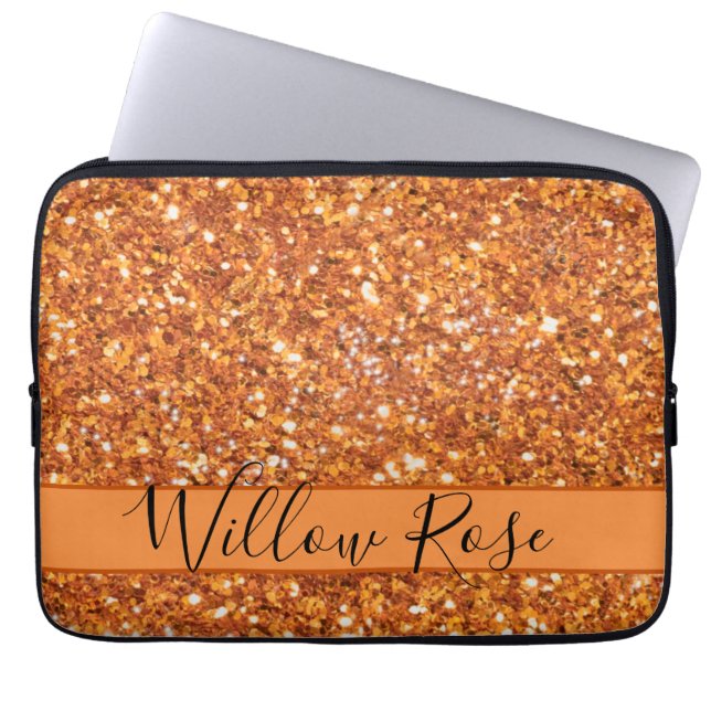 Funda Para Portátil Caligrafía del purpurina brillante de naranja ámba (Frente)