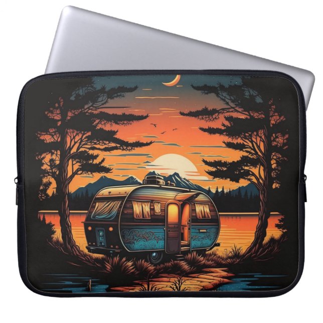 Funda Para Portátil Camper al atardecer junto al lago (Frente)