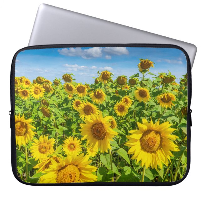 Funda Para Portátil Campo de girasoles, día soleado de verano. (Frente)