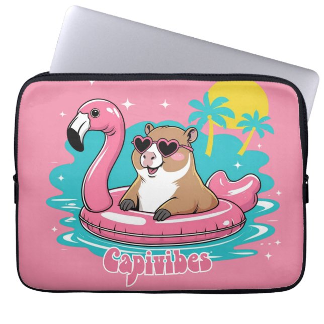 Funda Para Portátil Capivara Estilosa no Verão com Boia Rosa (Frente)