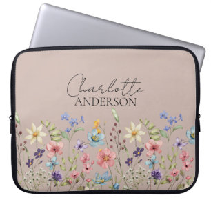 Funda Para Portátil Cappuccino Acuarela Flor silvestre Nombre Monogram