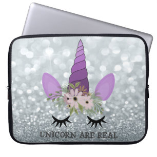 Funda Para Portátil Cara de unicornio, corona floral, bokeh de brillo