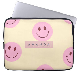 Funda Para Portátil Cara Sonriente Personalizada Amarillo Pastel y Ros
