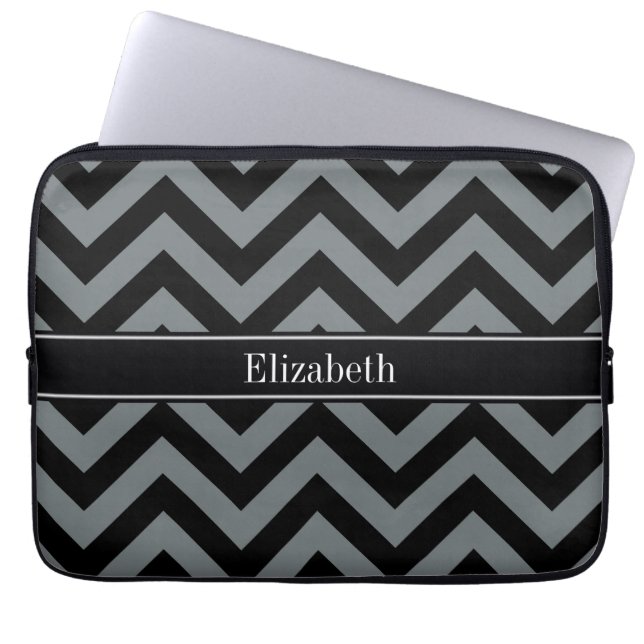 Funda Para Portátil Carbón, negro Chevron Black Name Monograma (Frente)