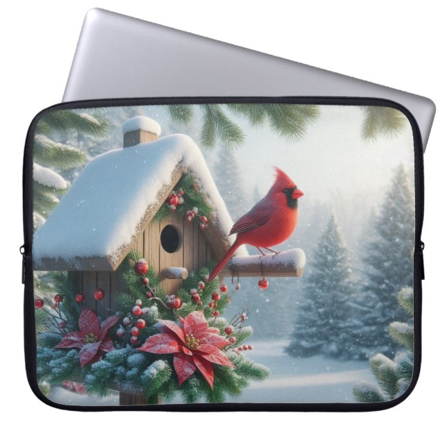 Funda Para Portátil Cardenal de invierno en un hogar festivo (Frente)