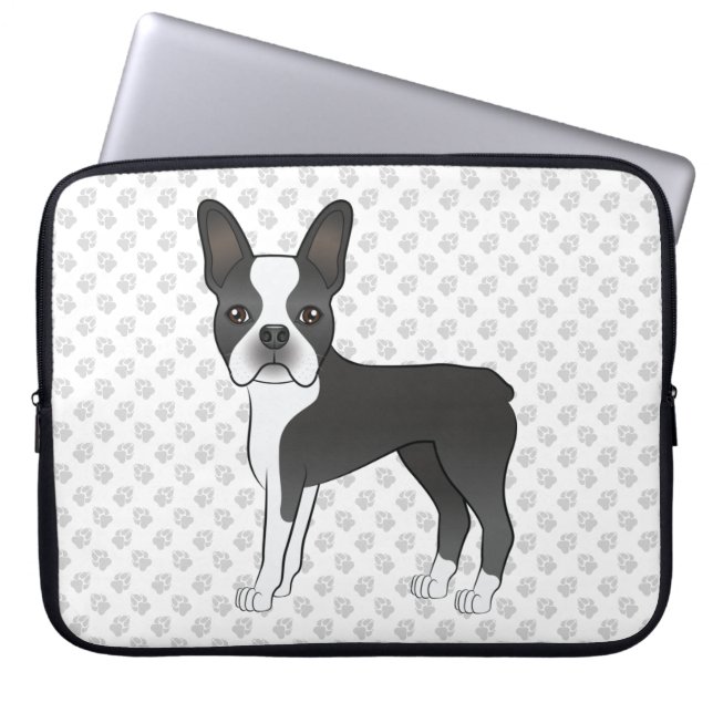 Funda Para Portátil Caricatura de Black And White Boston Terrier Perro (Frente)
