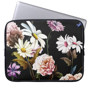 Funda Para Portátil Carnación, flores de camomila, patrón negro.