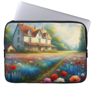 Funda Para Portátil Casa de campo en un campo de flores
