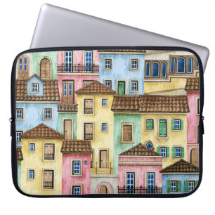 Funda Para Portátil Casas de Lisboa: Patrón Funicular acuarela.