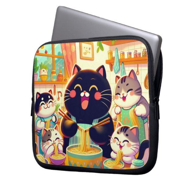 Funda Para Portátil Cat eating Noodles soup and friends (Anverso izquierdo)