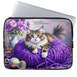 Funda Para Portátil Cat  in Purple Yarn and Flowers Personalized