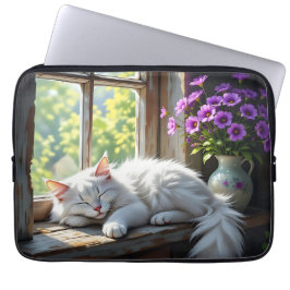 Funda Para Portátil Cat Napping on the Window Sill | Purple Flowers